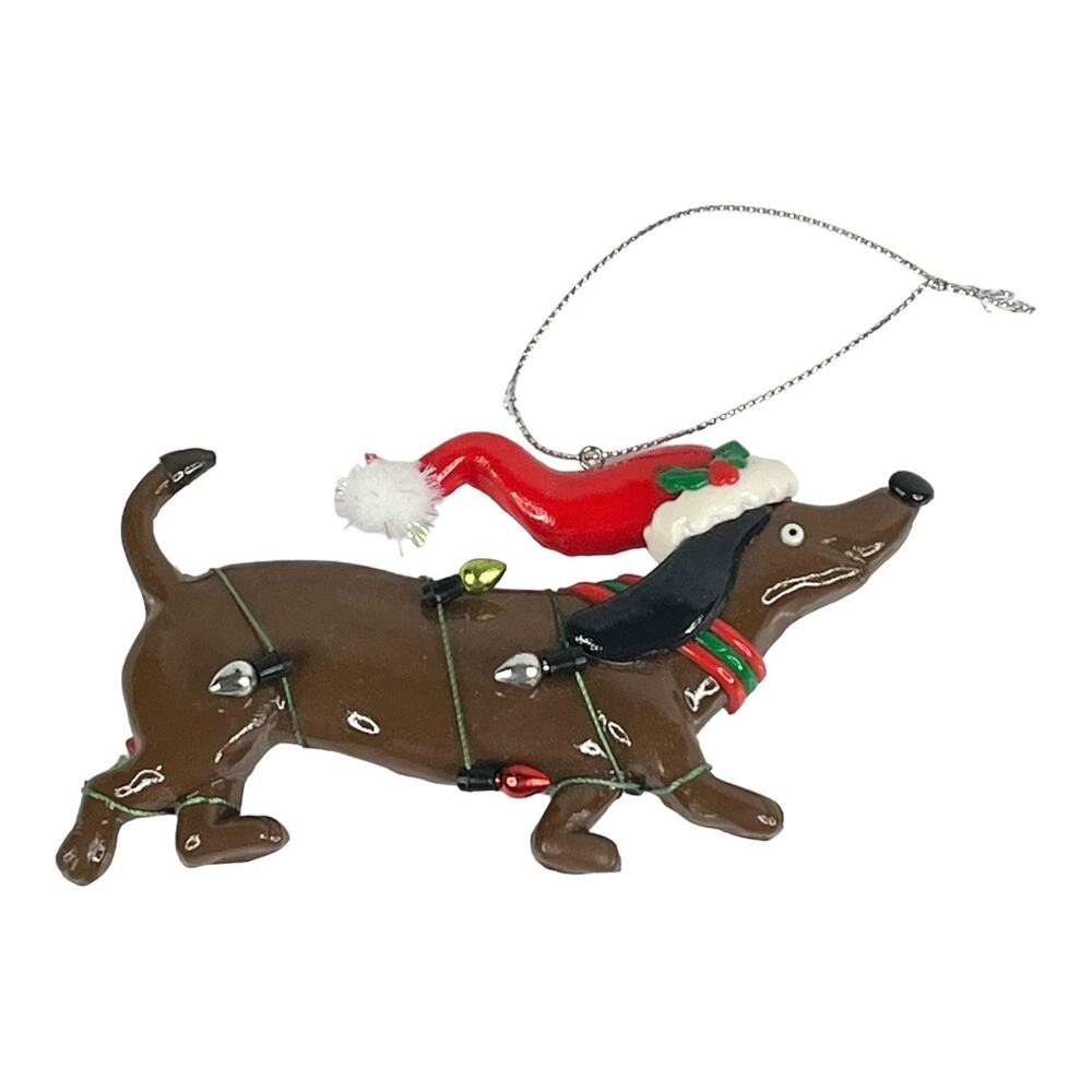 VTG Holiday DACHSHUND DOG ORNAMENT 5" Tangled In Christmas Lights w/ Santa Hat